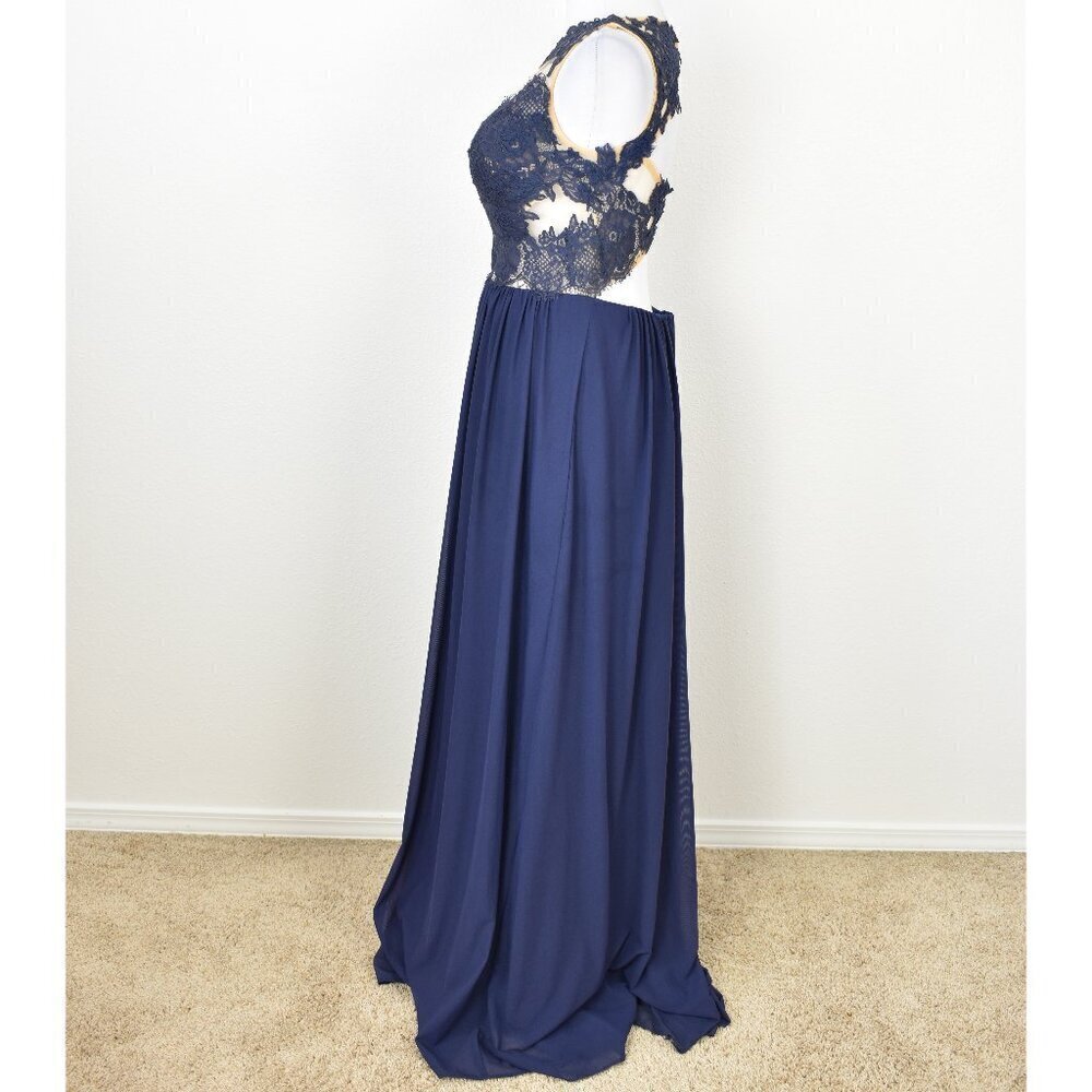 Sherri Hill 5207 Navy Blue Lace Illusion Open Back Gown - 12 - Picture 7 of 14